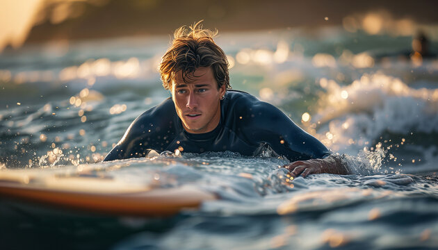 Portrait of handsome young man dressed wetsuit paddling on long surfboard on waves. Happy childhood and active vacation time, active people, and extreme sport concept on the ocean coast surfing spot.