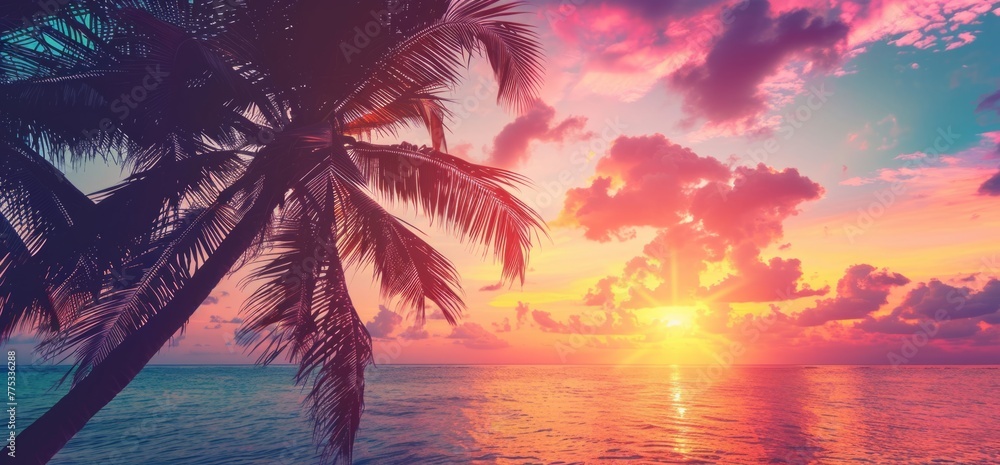 Poster a beautiful sunset over the palm trees on an exotic beach, creating a stunning and colorful backgrou