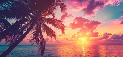 A beautiful sunset over the palm trees on an exotic beach, creating a stunning and colorful background for your design projects Generative AI - obrazy, fototapety, plakaty