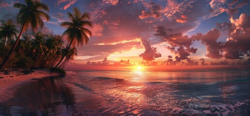 Fototapeta na wymiar A vibrant sunset over the palm trees on an exotic beach, creating a picturesque scene of nature's beauty Generative AI