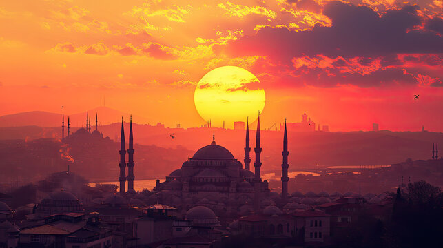 Istanbul Bathed in Sunset Glory Fiery Farewell Orange Hues Paint the Istanbul Skyline.

