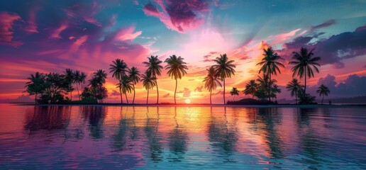 A vibrant sunset over the palm trees on an exotic beach, creating a picturesque scene of nature's beauty Generative AI - obrazy, fototapety, plakaty