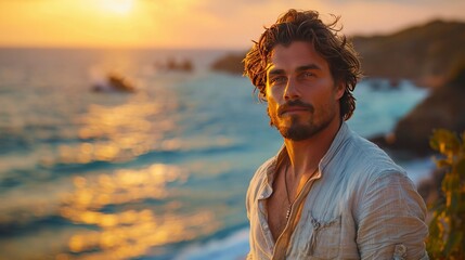 A relaxed portrait of a man in a linen shirt and trousers, embodying a laid-back, beachy vibe, with the ocean in the background Captured in 16k, realistic, full ultra HD, high resolution, and cinemati