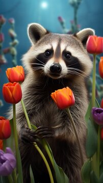 A raccoon stands among red and purple tulips against a blue background. Concept: Valentine's Day.