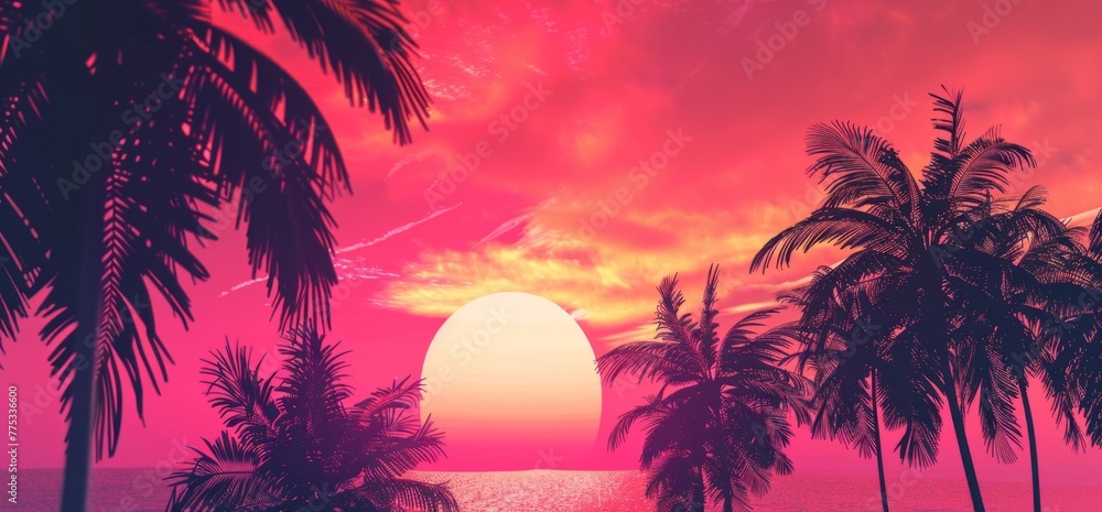 Poster a vibrant sunset over the palm trees on an exotic beach, creating a stunning and colorful backdrop f