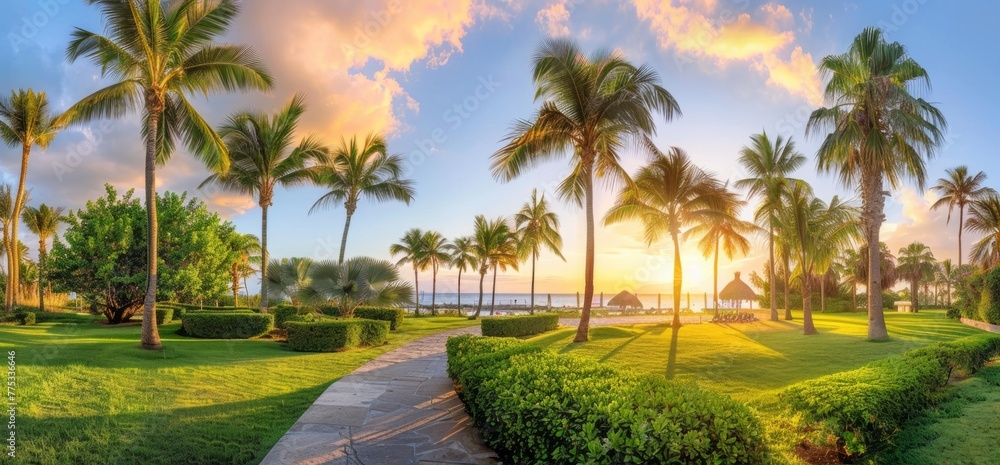 Poster a vibrant sunset over the palm trees on an exotic beach, creating a stunning and colorful backdrop f