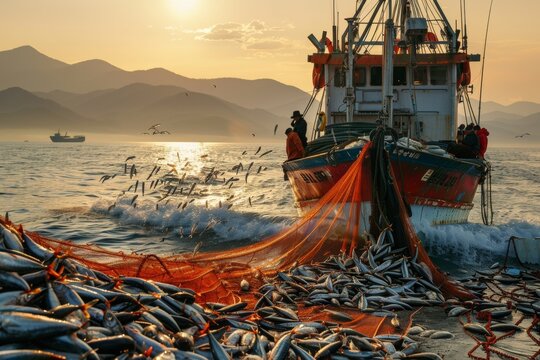 fishing boat full of fish nets at sunrise