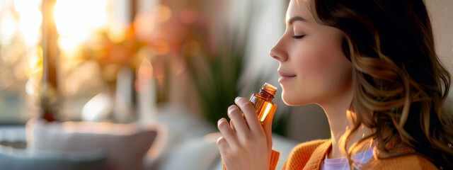 Woman enjoying smelling essential oils.
 - obrazy, fototapety, plakaty