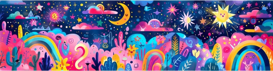 Fototapeta na wymiar A vibrant and whimsical illustration design includes playful elements like stars, rainbows, and other mystical symbols, creating a sense of magic and wonder. banner 