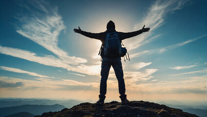 Silhouette of a lone person standing on top of a mountain arms outstretched to celebrate their success