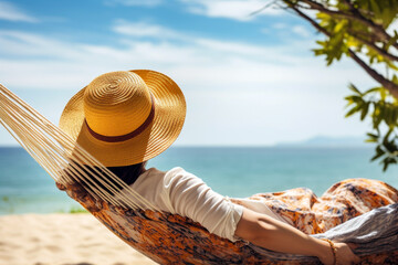 Obraz premium A woman relaxing in a hammock by the beach. Concept of relaxation, vacation, and the simple joys of a seaside retreat.