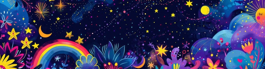 A vibrant and whimsical illustration design includes playful elements like stars, rainbows, and other mystical symbols, creating a sense of magic and wonder. banner 