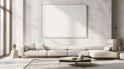 Elegantly minimalist living room featuring a large, blank wall poster mockup centered on a pristine white wall. - obrazy, fototapety, plakaty