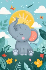 Naklejka premium poster for a children's room with a cute elephant simple flat illustration 