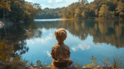 A serene portrait of a boy in a simple, elegant outfit, his expression contemplative, gazing out over a tranquil lake Captured in 16k, realistic, full ultra HD, high resolution, and cinematic photogra