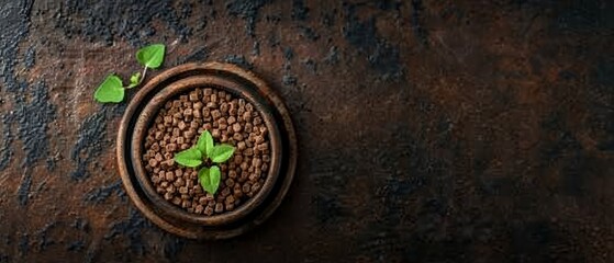   A wooden bowl filled with coffee beans and topped with a sprout of green leaves on a black surface