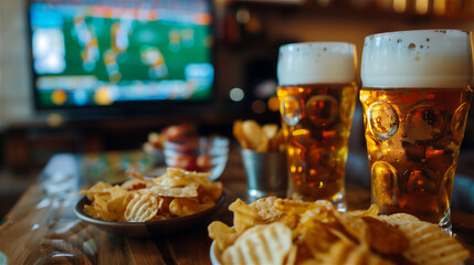Pint of beer, chips and salty snacks on the table in front of televisor witch show off football match.Set of snacks and beverage soccer fan at home.