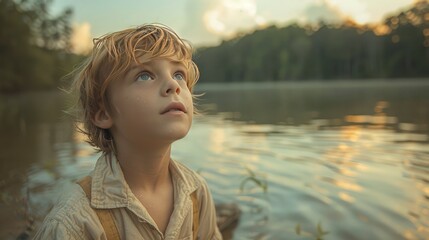A serene portrait of a boy in a simple, elegant outfit, his expression contemplative, gazing out over a tranquil lake Captured in 16k, realistic, full ultra HD, high resolution, and cinematic photogra