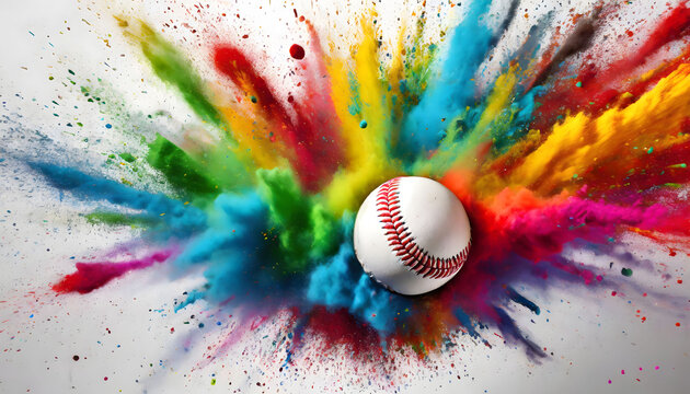 Vivid Burst: Colorful Rainbow Holi Paint Powder Explosion with Baseball in Foreground