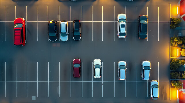Semi crowded mall car parking, above view.