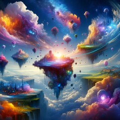 Obraz na płótnie Canvas A vibrant fantasy landscape with floating islands, ethereal clouds, and a cosmic backdrop evoking wonder and magical allure