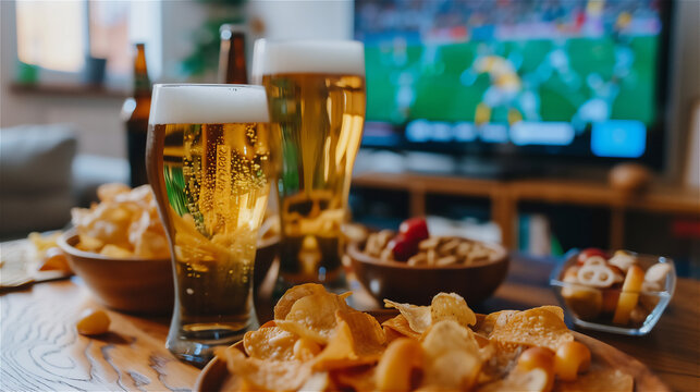 Pint of beer, chips and salty snacks on the table in front of televisor witch show off football match.Set of snacks and beverage soccer fan at home.