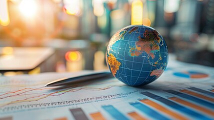 Global economy concept with globe and charts - A close-up of a small globe on financial charts portrays the concept of global economy, investment and international market analysis