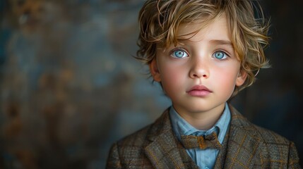 A sophisticated portrait of a boy in a classic, well-fitted suit, his expression wise beyond his years, set against a rich, dark backdrop Captured in 16k, realistic, full ultra HD, high resolution,