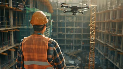 Engineer with drone inspecting construction site - A construction worker in safety gear operates a drone at a bustling building site, highlighting modern technology in construction - obrazy, fototapety, plakaty