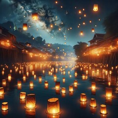 A mystical evening scene of floating lanterns illuminating the water during a traditional lantern festival in an old village