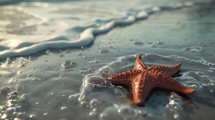 Starfish on the beach near the water edge.
