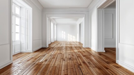 Bright spacious empty corridor with windows - A corridor with bright natural light shining through large windows onto the wooden floor