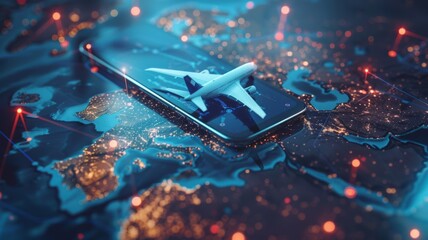 Airplane model on digital world map phone display - A creative conceptual image featuring a digital 3D airplane model on top of a smartphone exhibiting a detailed world map - obrazy, fototapety, plakaty