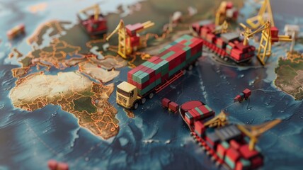 Global trade concept with ships and truck - A detailed depiction of international trade with cargo ships and truck on a stylized world map - obrazy, fototapety, plakaty