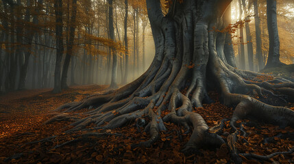 Mighty roots of a majestic old beech tree, AI Generative. - obrazy, fototapety, plakaty