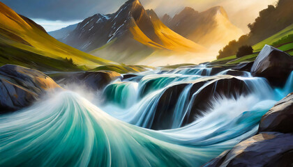 Abstract art of noisy speedy stream water flowing over rocks. - obrazy, fototapety, plakaty