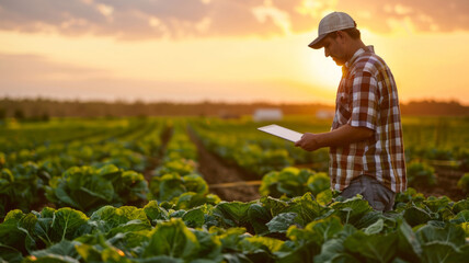 Farmer inspecting cabbage field with tablet - A farmer in a plaid shirt and hat stands in a vast field of cabbages during sunset, holding a tablet to possibly check crop information