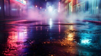 In the heart of the night, an empty street comes alive with the reflections of neon lights on wet asphalt, creating a dynamic canvas of color.