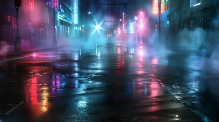 In the heart of the night, an empty street comes alive with the reflections of neon lights on wet...