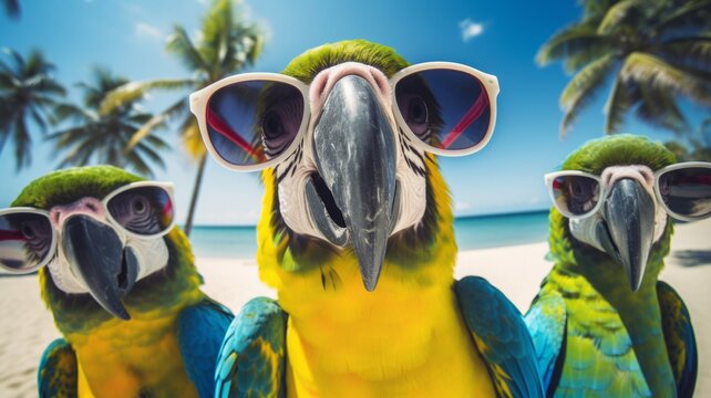 Three parrots in sunglasses against beach backdrop - A humorous depiction of parrots with sunglasses in front of a serene beach, merging nature with style