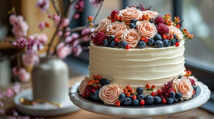 A floral and berry decorated cake is displayed on a table