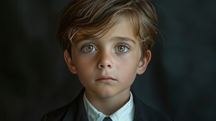 A sophisticated portrait of a boy in a classic, well-fitted suit, his expression wise beyond his years, set against a rich, dark backdrop Captured in 16k, realistic, full ultra HD, high resolution, 
