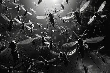 Swarm of Mayflies Engaged in a Mating Dance at Dusk - obrazy, fototapety, plakaty