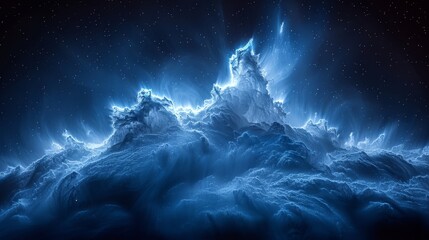   A computer-generated image portrays a majestic mountain set against the backdrop of a starry night, with soft cloud formations dotting the foreground - obrazy, fototapety, plakaty