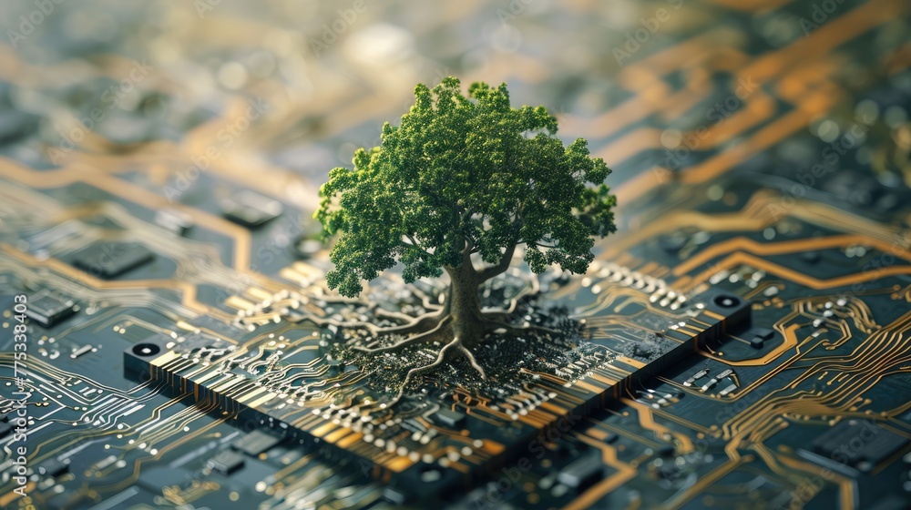Poster the bottom angle view of the growing green tree on the cpu on the land of the greenish mainboard and