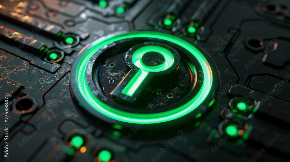 Poster illuminated green key symbol on futuristic interface - a vibrant green key icon glows on a dark high