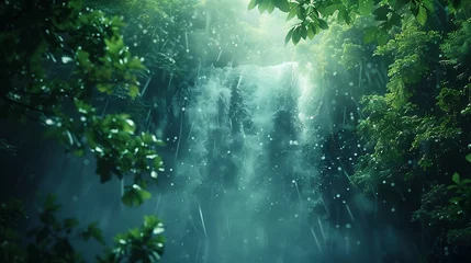 Foto op Plexiglas drama of a thundering waterfall framed by lush green foliage © MuhammadInaam