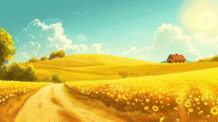 Poster Sunny landscape of a field with flowers and house - A vibrant digital artwork of a sunny field filled with flowers and a quaint house, evoking warmth and tranquillity © Tida