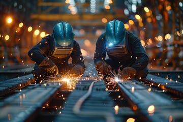 workers in uniform and protective masks are welding the structure on the construction, AI generated - obrazy, fototapety, plakaty