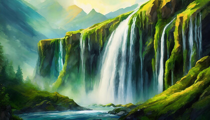 Big waterfall with green moss at the edge of it. Abstract art. Beautiful natural landscape. - obrazy, fototapety, plakaty